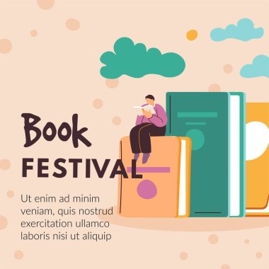 Edebiyat ve kitap festivali, yayınları okumak ve sınavlara hazırlanmak. Ders kitapları ve romanlarda indirimler ve satışlar, defterler. Reklam afişi ya da reklamı. Düz biçimli vektör