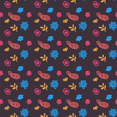 Tomurcuklanan çiçekler ve yapraklar, dalları ve dalları olan yapraklar. Çiçek kompozisyonu ve süs tasarımı. Kusursuz desen, duvar kağıdı izi ya da arka plan. Düz biçim illüstrasyonunda vektör