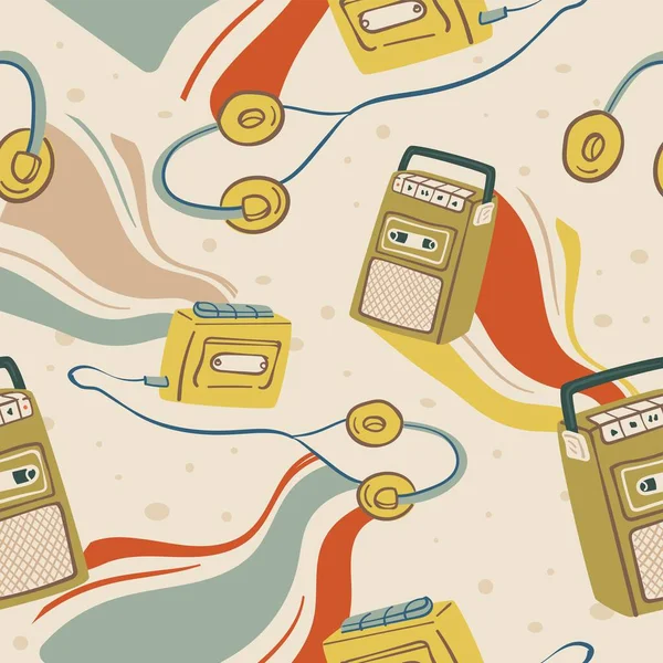 Magnétophone Old School Lecteur Avec Écouteurs Boutons Pour Cassettes Gadgets — Image vectorielle