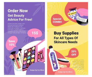 Order now, get beauty advice for free, buy supplies for all types of skincare needs. Cosmetics and palettes, lotions and gels. Promotional banner, poster with advertisement. Vector in flat style