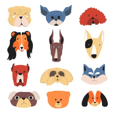 Canine animals, isolated portraits of dogs of different breeds. Purebred or stray puppy muzzles with emotional expression. Happy or angry, bored or sad dog domestic pet. Vector in flat style