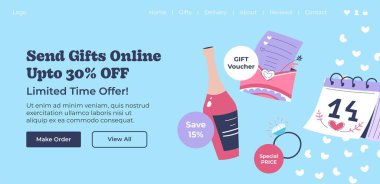 Limited time offer for online gifts, up to thirty percent discount. Special occasion, birthday, anniversary or saint valentines day celebration. Website landing page template, internet page, vector