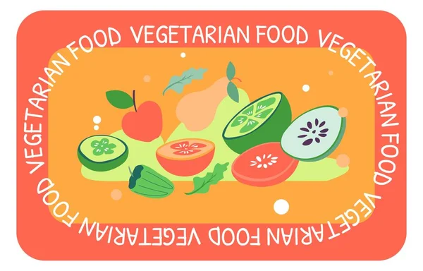 Tasty vegetarian food and dishes, organic and natural dieting and detox. Veggies and fruits on menu, apples and tomatoes, cucumber and zucchini. Delicious breakfast meal. Vector in flat style