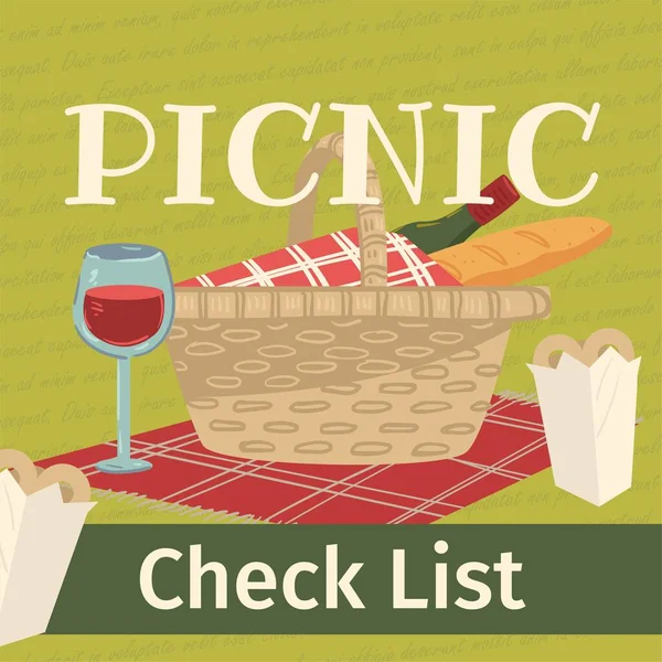 Check List Picnic Essentials Weekend Relax Outdoors Tablecloth Woven Basket — Stockvector
