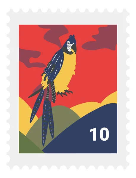Postal marking for envelopes, parrot drawing on postmark, landscape and exotic bird. Avian animal with colorful feathers and plumage. Mountains and tropical birdie, collection. Vector in flat style
