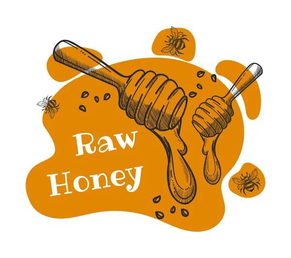 Natural Organic Honey Beehive Isolated Label Emblem Product Bees Drops — Vector de stock