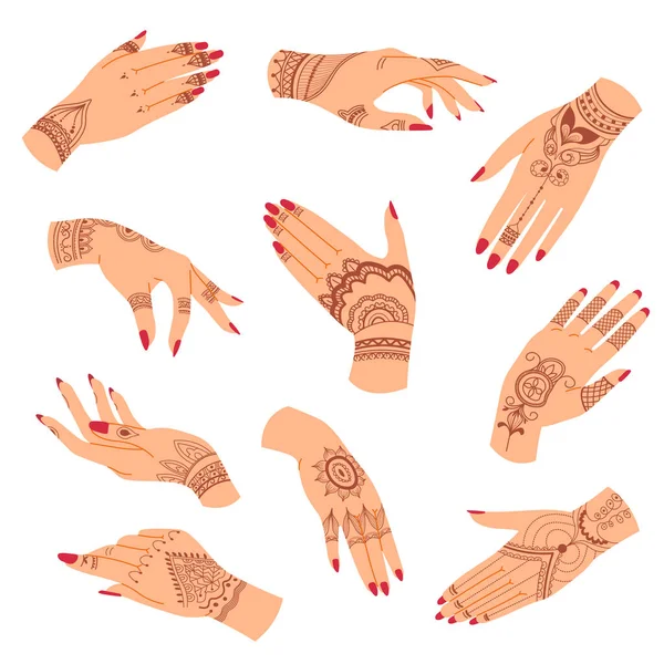 Women Hands Variety Henna Tattoos Designs Powder Tropical Shrubs Applying — Stock Vector