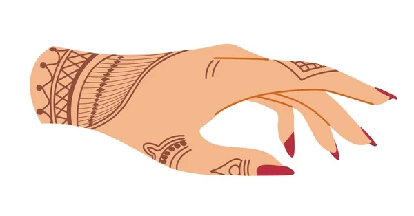 幾何学的な装飾やモチーフを持つ女性の手 マニキュア爪やヘナのデザイン画や入れ墨を持つ女性の腕 象徴主義と深い古い文化的伝統 平面図のベクトル — ストックベクタ