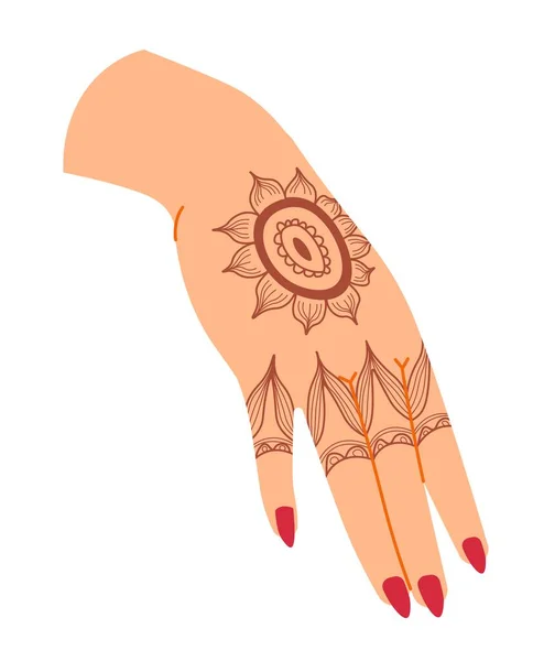 ヘナのデザインとマニキュア 葉や装飾品の図面を持つ孤立した女性の腕を持つ女性の手 タトゥーや自然をモチーフに 結婚の繁栄の象徴 平面図のベクトル — ストックベクタ