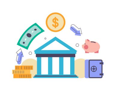 Depozito olarak para biriktirme ve kazanma süreci. Bankacılık ve finansal varlıkların korunması için programlar kullanmak. Kasası olan bir banka, müşteriye faiz ödüyor. Düz biçimli vektör