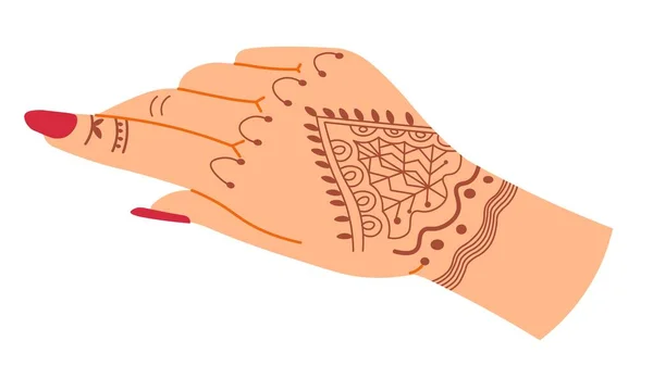 マニキュア爪 柔らかい指とヘナの入れ墨や図面のデザインを持つ女性の手 粉や幾何学的な線や装飾品 モチーフやドットで肌に絵を描く 平面図のベクトル — ストックベクタ