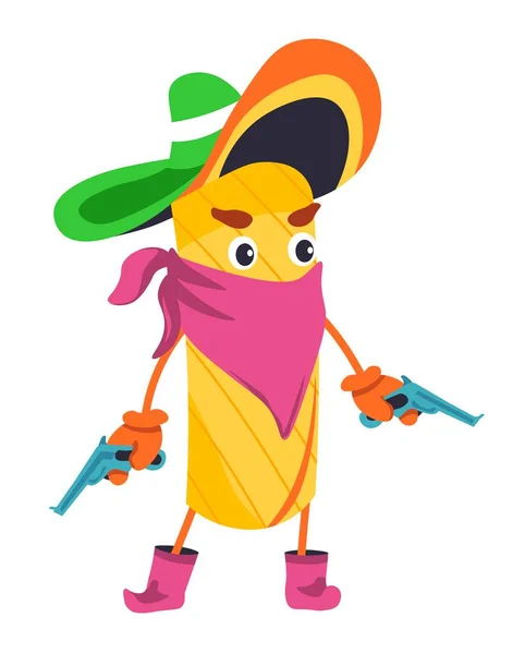 Burrito Character Wearing Cowboy Hat Scarf Holding Guns Isolated Bandit — Stock Vector