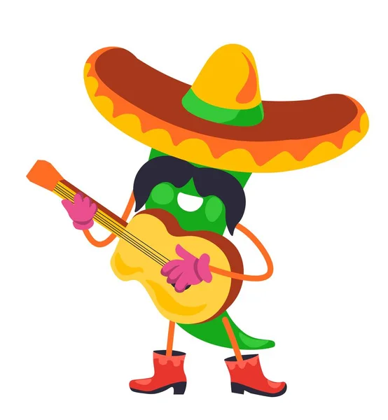 贾拉皮诺 头戴墨西哥帽 弹奏乐器 头戴靴子 头戴胡椒粉或弹簧筒 面部表情的感情用事或贴纸 矢量呈扁平型 — 图库矢量图片