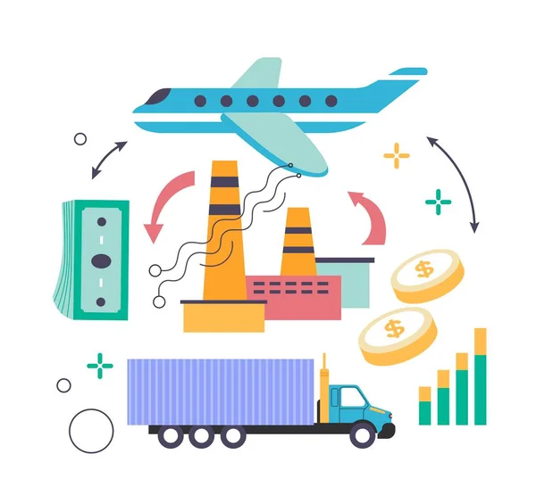 Earning Money Services Isolated Logistics Business Transporting Companies Trucks Planes — Stock Vector