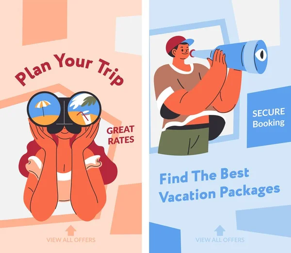 找到最好的度假套餐 好好休息 计划你的海滨或高山之旅 订票安全 客户收费高 视图提供 促销标语或广告 矢量呈扁平型 — 图库矢量图片