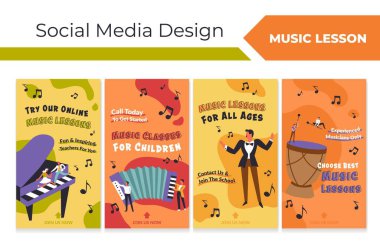 Sosyal medya hikayesi müzik okulu reklamı üzerine kurulu. Ağ web sayfası koleksiyonu ile erkek kadın karakter çalışması müzik ve enstrüman çalma, vektör illüstrasyonu. Çevrimiçi eğitim reklamları pankartta