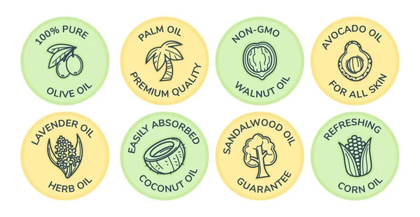 Label Bulat Diatur Dengan Bahan Minyak Organik Tanda Koleksi Stiker - Stok Vektor