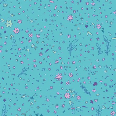 Bahar ya da yaz bitkileri ve yapraklar çiçek açıyor, gelişiyor ve çiçek açıyor. Yapraklı çiçekler, dallar, çiçek süsleri. Kusursuz desen, duvar kağıdı izi ya da arka plan. Düz biçimli vektör