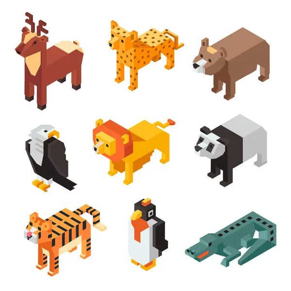 Pixelfigurer Tecken Isolerade Djur Figurer Isolerat Lejon Och Gepard Panda — Stock vektor