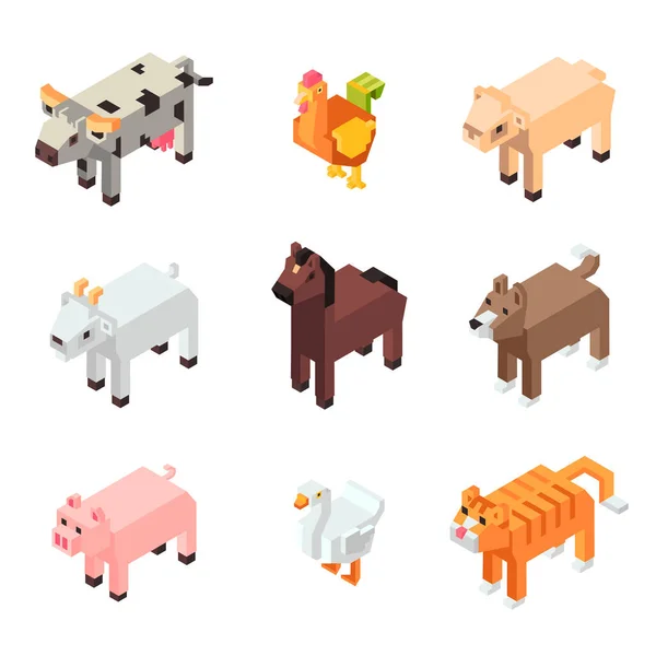 Pixel Figuras Quadradas Animais Gado Gado Vaca Isolada Galinha Porco —  Vetores de Stock