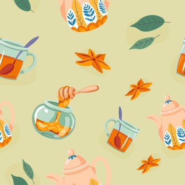 Ev yapımı çay, doğal ve organik bal tatlandırıcı, anasonlu yıldız ve yapraklı. Demlik ve içecek, sıcak içecek. Kusursuz desen ya da arka plan baskısı duvar kağıdı. Düz biçimli vektör