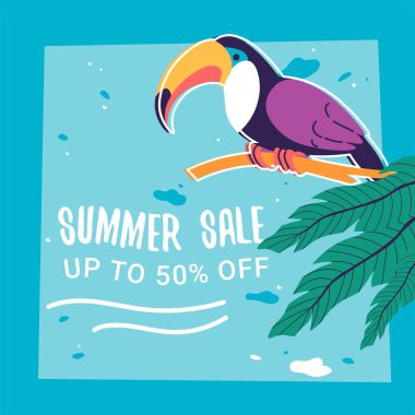 Mevsimlik satış ve indirimler, yaz temizliği ve fiyat indirimi. Kuş, yaprak, palmiye ve deniz manzaralı tropik reklam pankartı. Dükkanlar ve dükkanlar. Düz biçim illüstrasyonunda vektör