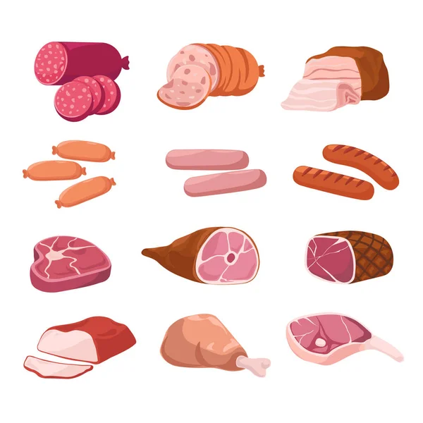 Sortiment Köttprodukter Slaktarbutik Eller Butik Isolerade Korvar Och Färska Styckningsdelar — Stock vektor