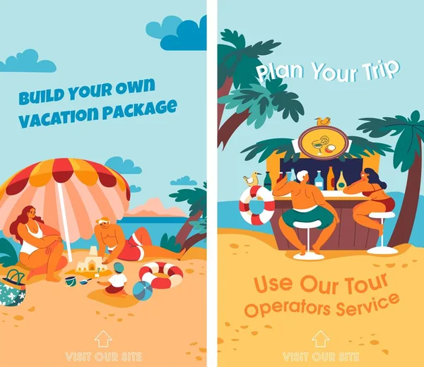 计划你的旅行 建立你自己的度假套餐 使用我们的旅游运营商服务 度假目的地和与家人或朋友休息的地方的想法 海滩和海滨 矢量呈扁平型 — 图库矢量图片