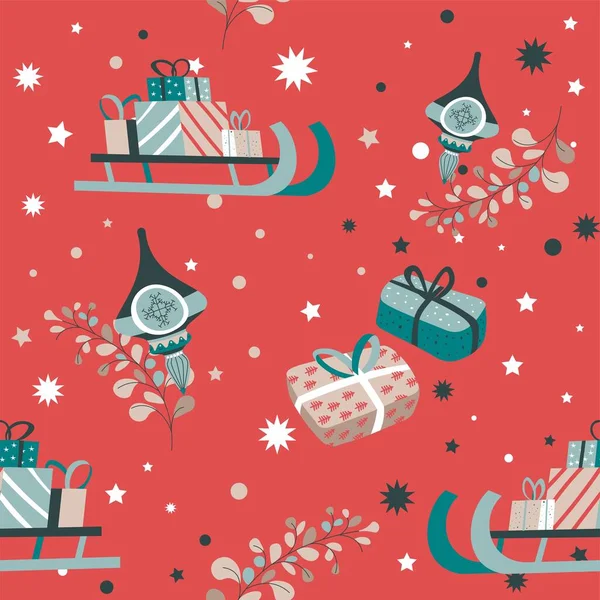 Neujahrs Und Weihnachtsfeier Schlitten Mit Geschenken Und Geschenken Für Kinder — Stockvektor