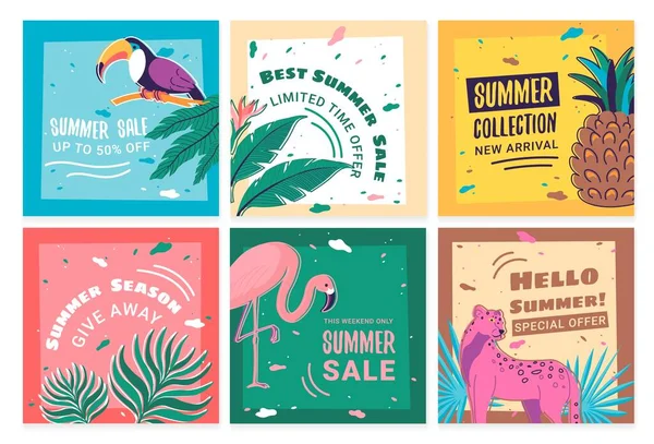 stock vector Summer sale advertising at social media set. Network page collection with tropical elements, vector illustration. Web page post design with exotic plant and animals, online shopping offer ad