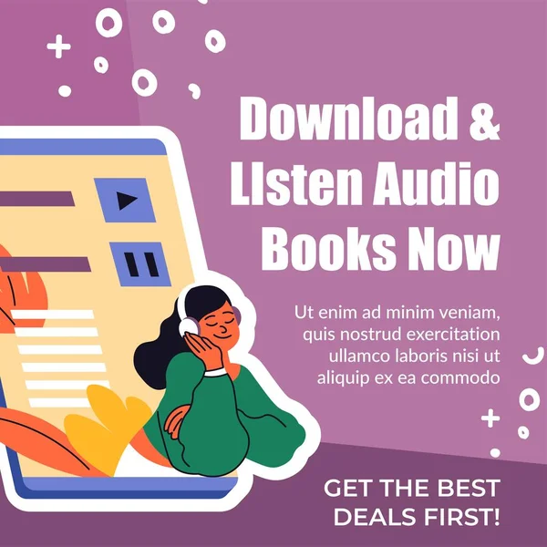 Słuchaj Ściągniętych Audiobooków Aplikacji Najpierw Dobij Targu Kobieta Słuchawkami Ciesząca — Wektor stockowy