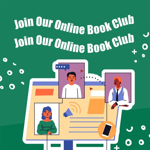 フォロワーや購読者とオンラインブッククラブは 読書出版物についての意見を共有する Webでの会議や小説についてのポイントを議論の人々 平面図のベクトル — ストックベクタ