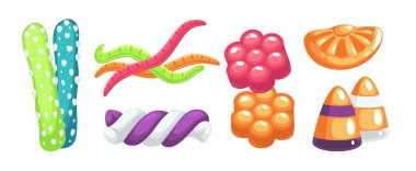 Tatlı ya da aperatif olarak tatlı, marmelat ve çikolata şekeri. Reçelli kurabiye ve lezzetli dolgu. Dükkanda, dükkanda ya da restoranda renkli ürünler, çocuklar için ikramlar. Düz biçimli vektör