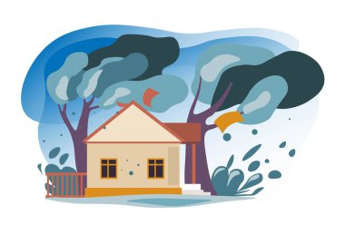Fırtınalı hava, köylerde ya da kırsal bölgelerde kötü meteorolojik koşullar. Güçlü rüzgar esiyor ve bina çatısını, ağaçları ve yapay binaları yıkıyor. Düz biçim illüstrasyonunda vektör