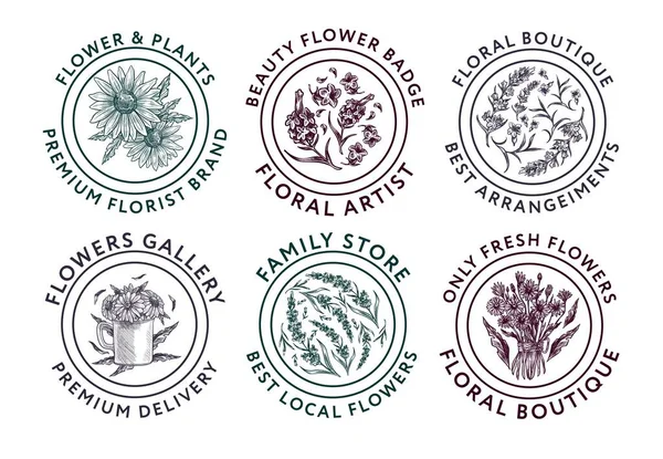 Çiçek Butiği Reklamı Için Yuvarlak Etiket Tasarımı Çizimi Çiçek Bitkilerle — Stok Vektör