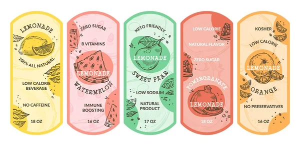 Лимонадная Этикетка Упаковки Дизайнерского Набора Органические Вкусные Напитки Декоративные Эмблемы — стоковый вектор