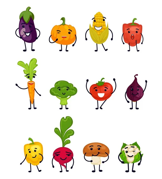 卡通自然食物性格的收集元素 蔬菜产品集笑脸 载体图解 用情感 有机物装饰的有趣的健康食品广告 — 图库矢量图片