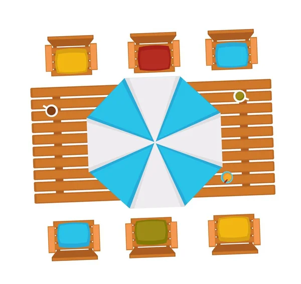 Venkovní Dřevěný Stůl Deštníkem Židlemi Izolovaný Nábytek Pro Venkovní Zahradu — Stockový vektor