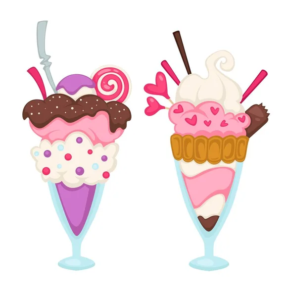 在玻璃杯中的冰冻甜点 与棒棒糖和巧克力釉面隔离的冰淇淋 稻草和华夫饼 草莓或覆盆子馅和饼干 在餐馆或咖啡店里吃甜点 矢量呈扁平型 — 图库矢量图片