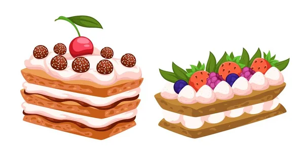 味道鲜美的餐厅招待客人 在蛋糕上加奶油或慕斯 饼干和饼干 采购产品水果和浆果 覆盆子和草莓 樱桃和树叶装饰 平面样式插图中的向量 — 图库矢量图片