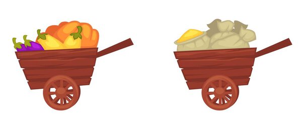 Harvesting season on farm, isolated wheelbarrows with pumpkins and eggplants, peppers and grain in sacks. Organic and natural products, farming and agriculture business. Vector in flat style