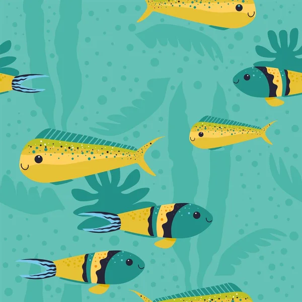 水族馆鱼类奇异和热带生物 动植物生物多样性 海藻和水体上的条纹 无缝图案 墙纸或背景色 矢量呈扁平型 — 图库矢量图片