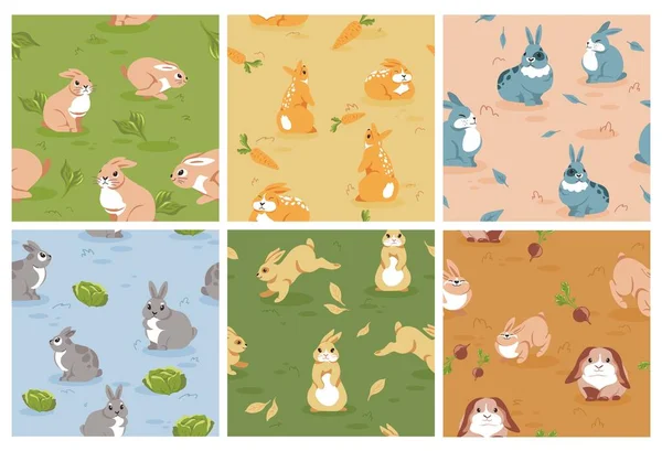 Decorative Pattern Set Cute Rabbits Character Cartoon Bunny Natural Grass — Stock Vector