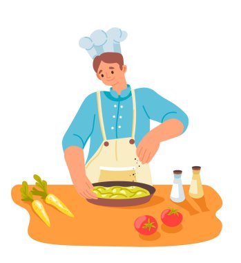Profesyonel aşçı vejetaryen yemeği hazırlıyor. Kereviz ve domates. Önlüklü yalnız bir kadın ve bir restoran veya lokanta için yemek pişiren şef şapkası. Lezzetli ve lezzetli bir yemek. Düz biçimli vektör