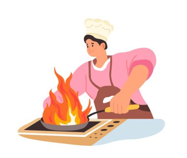 Profesyonel restoran şefi ya da aşçı, önlük ve şapka takan izole bir adam. Yemek hazırlamak ve menü tarifleri yapmak, lezzetli yemekler ve yemek pişirmek için modern teknikler. Düz biçimli vektör