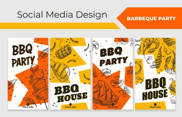 stock vector Network stories collection with bbq party promo. Barbecue house advertising at social media set design, vector illustration. Handdrawn meat, vegetables at colorful web banner