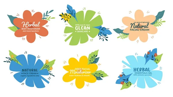 Bitkisel Nemlendirici Paketi Için Etiket Tasarımı Renkli Botanik Şekil Kozmetik — Stok Vektör