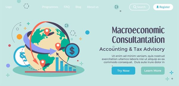 Accounting and tax advisory, macroeconomic consultation and help with finances. Economic stability of business and organization. Website landing page template, internet site. Vector in flat style