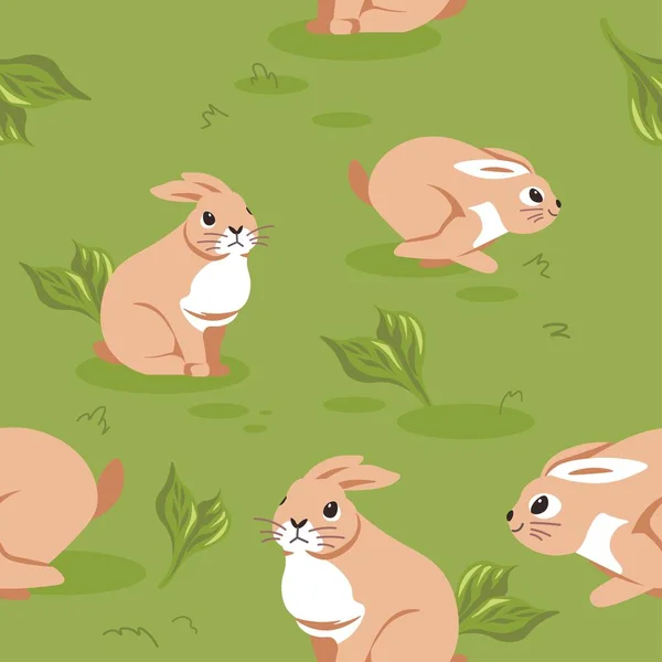 ウサギが走り 跳躍するフィールドの自然景観 長い耳と面白い銃口を持つかわいい森の動物の文字 シームレスなパターン 背景プリントや壁紙 平型ベクトル — ストックベクタ