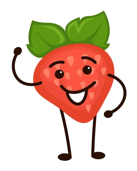 成熟草莓卡通人物 面带微笑的表情 腿上都有叶子的孤立无援的性格 可爱的水果艺术 社交媒体的感情用事 矢量呈扁平型 — 图库矢量图片